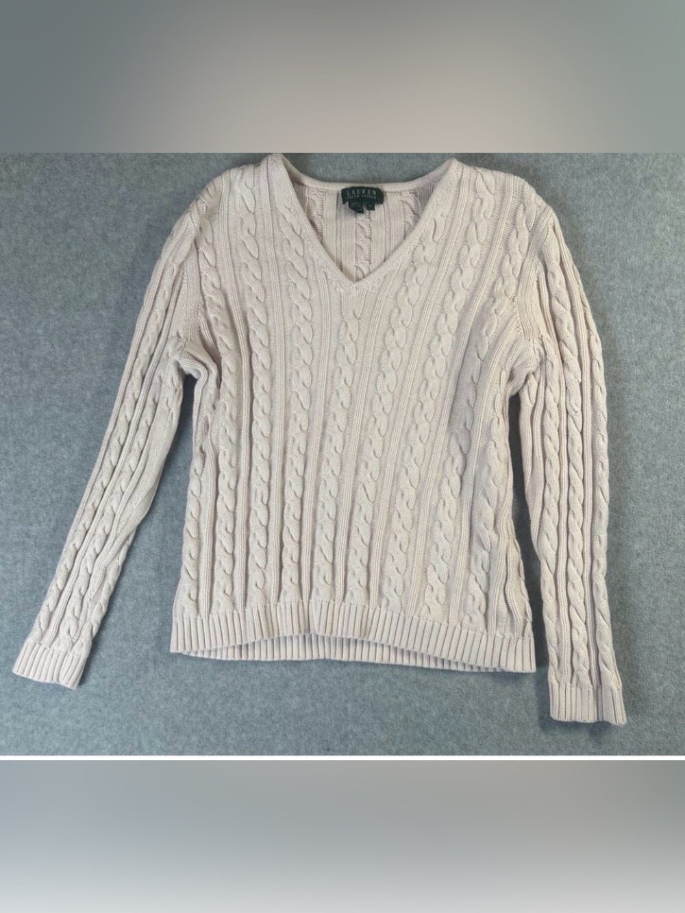 Lauren Ralph Lauren Pink XL Cable Knit Sweater 100% Cotton VNeck Preppy Classic